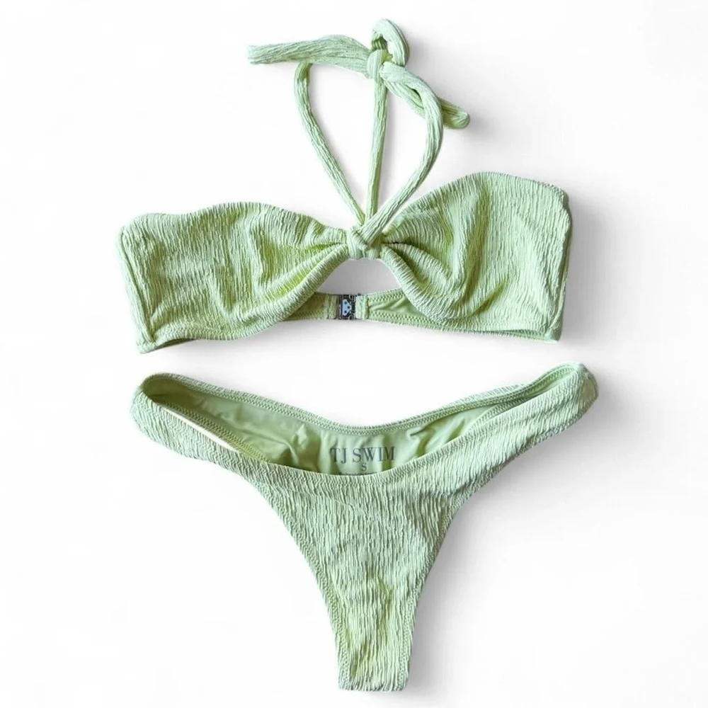 TJ Swim Quinn Bikini Set Green Ribbed Scoop Neck Top & Cheeky Bottoms Size Small